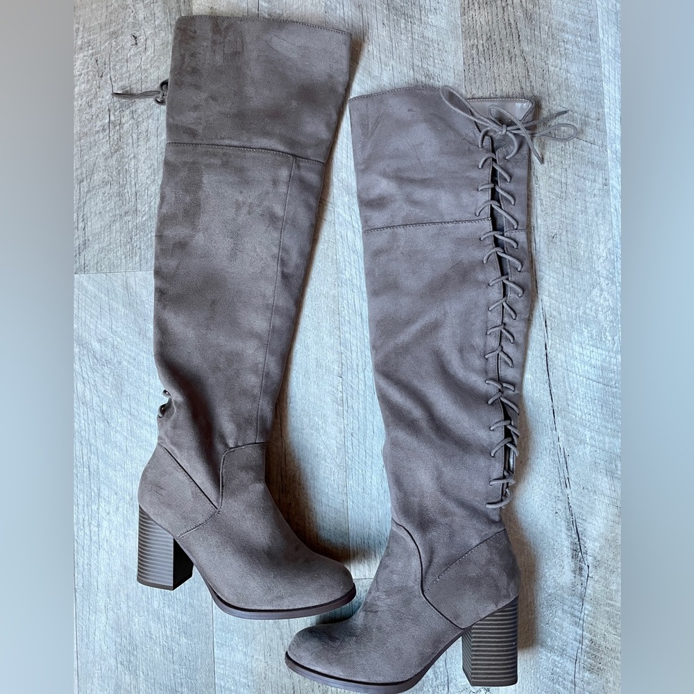 Only worn once! Over-the-knee, beautiful mauve/beige lace up boots.
